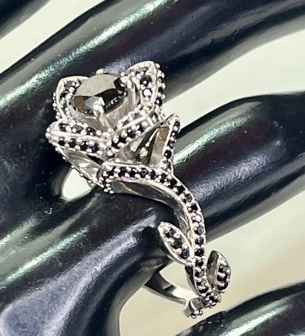 Designer 925 Sterling Lotus/ Rose Flower Black Onyx Marcasite Accent Ring Sz 10